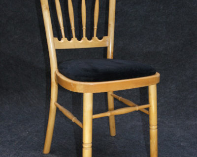 Natural wood banquet chair with black cushion