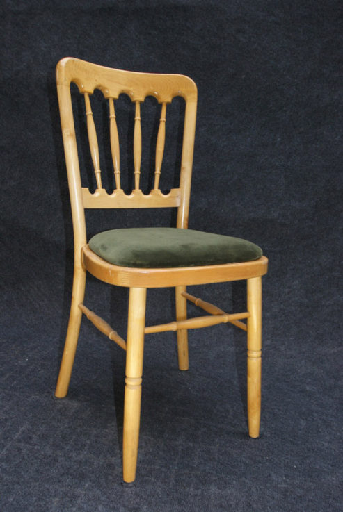 Natural wood banquet chair with green cushion