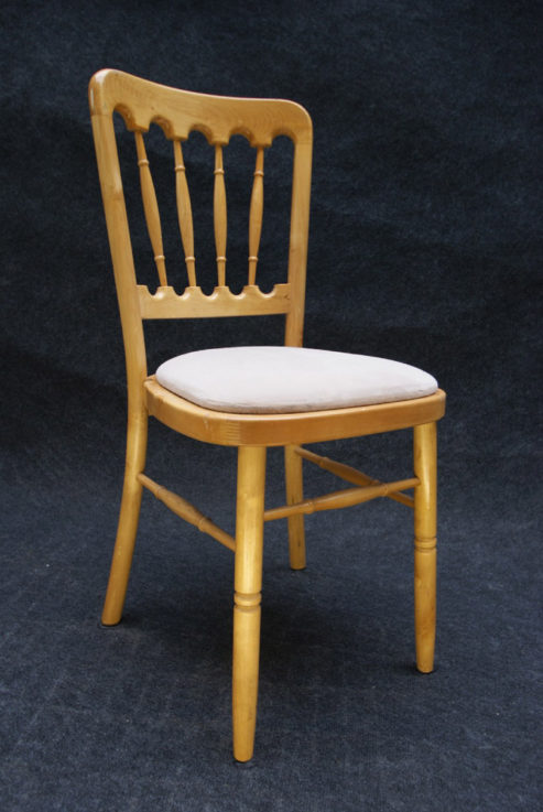 Natural wood banquet chair with ivory cushion