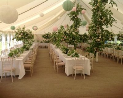 Coir carpet and trestles in canvas marquee
