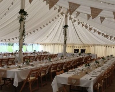 traditional vintage marquee long tables bunting