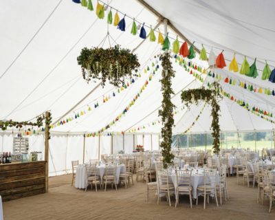 traditional wedding marquee with rustic decorations