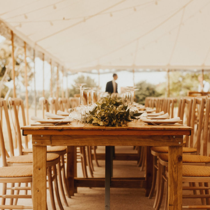 Vintage pine trestle tables with crossback chairs