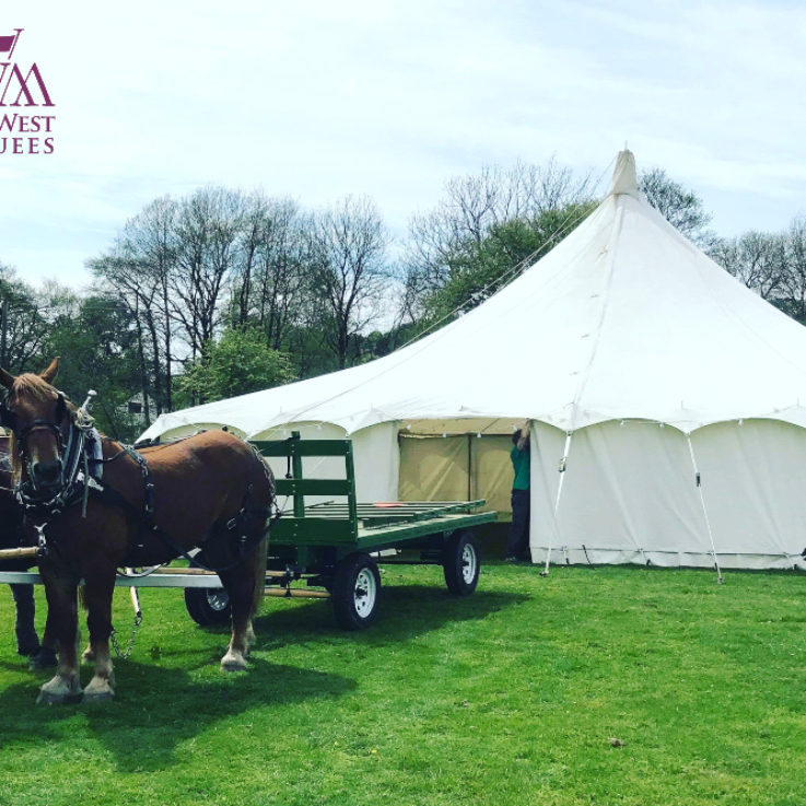 traditional canvas marquee with shire horses
