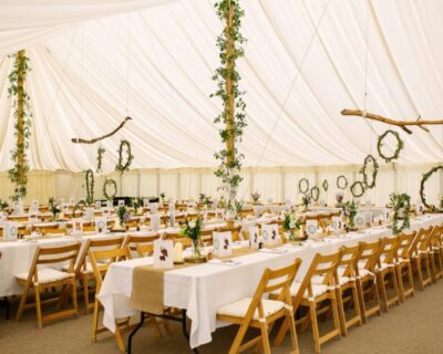 Traditional style marquee with Ivory Lining and wooden folding chairs