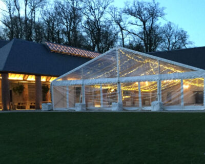 marquee on hard standing with concrete weights
