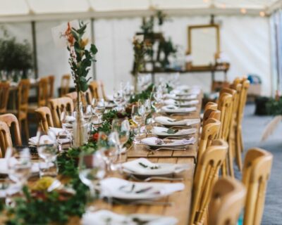 Rustic Trestle tables and Natural wood dining chairs